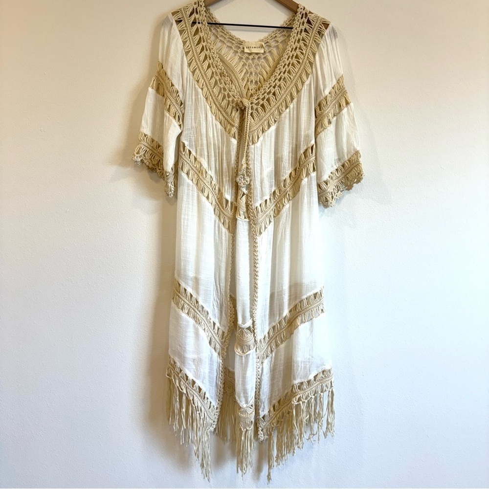 Dreamers Boho Crochet Fringe Longline Duster Cardigan Kimono Festival Beach M